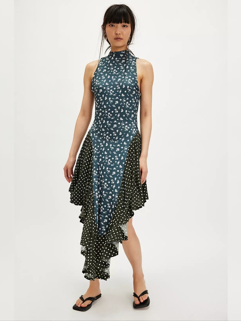 Free People Ramada Midi Dress‎ Forest Combo High-Neck Floral & Polka Dot Women's